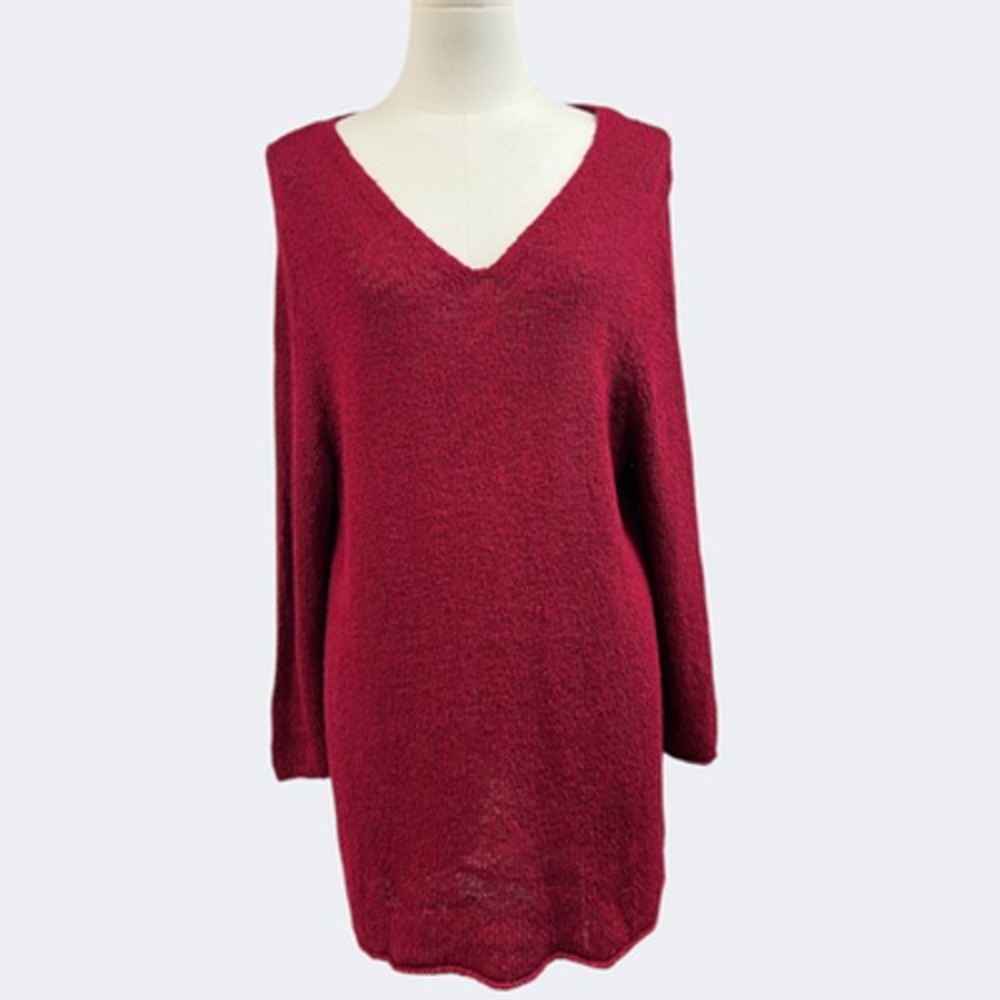 Eileen Fisher Sweater Women 2X Burgundy V Neck Knit Tunic Pullover Linen Viscose